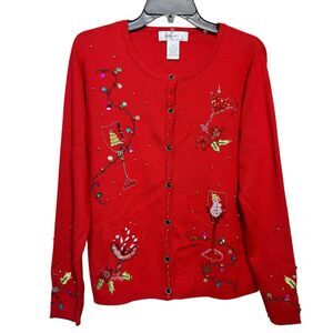 KIKIT Christmas Cardigan Size M Red Beaded Sequins Flowers Drinks Snowman Lights